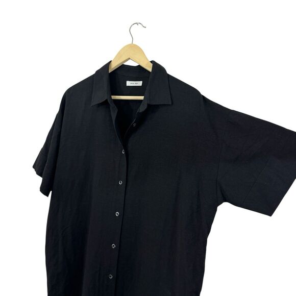 Mod Ref NEW Large Button Dress Midi Linen Blend Black Short Sleeve Womens - Picture 7 of 10